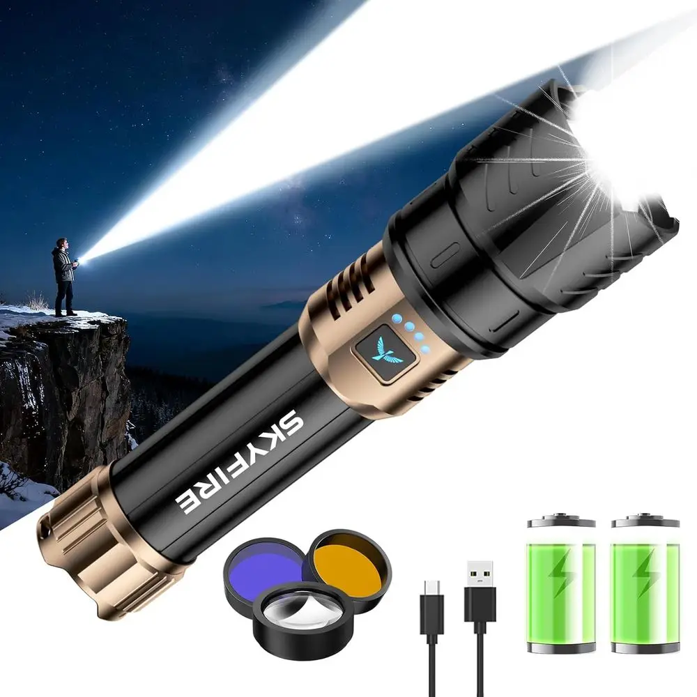 

Rechargeable High-Lumens LED Flashlight with Ignition Lens, 3 Colors, 10000mAh, Zoomable, Waterproof Tactical Light for Outdoor