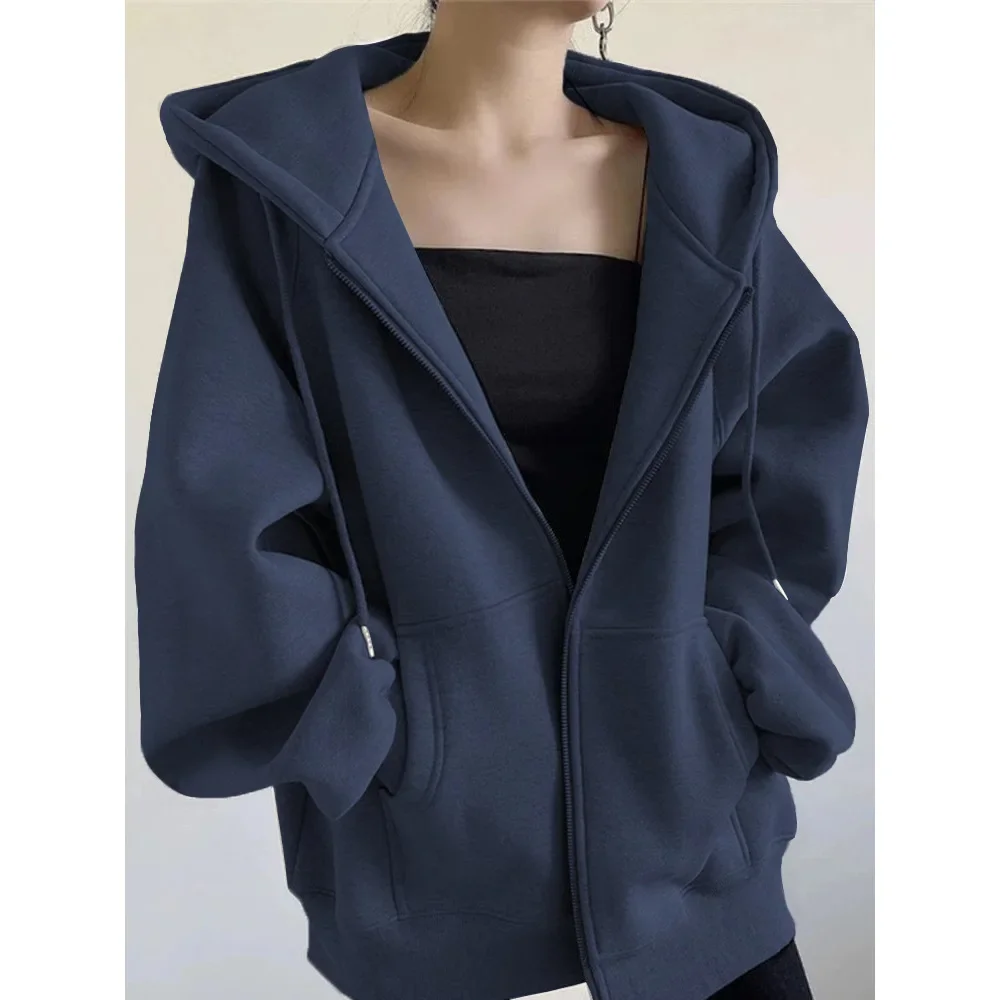 Autumn Winter New Thickened Solid Zip Up Hoodie Sweatshirt for Women Korean Fashion Warm Loose Hoodies Women Coat Y2k Clothes