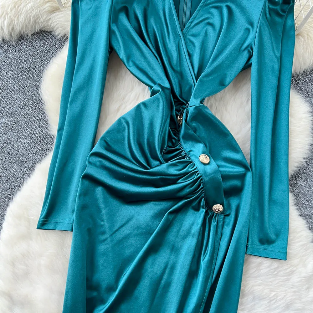 Vintage manga longa cetim com decote em v elegante cerimônia de fadas vestidos hotsweet roupas femininas vestido lápis