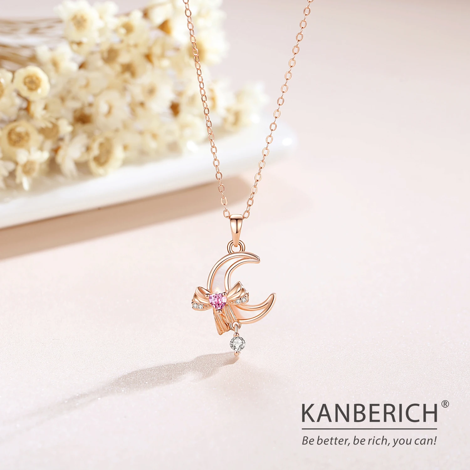 Kanberich S925 Real Sterling Silver Cubic Zirconia Seashell Elegant Moon Bow-knot Pendant Necklace Clavicle Chain