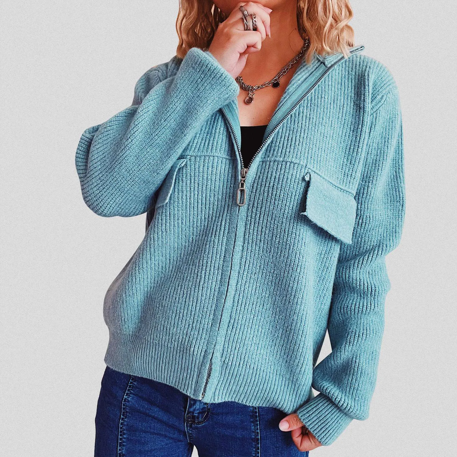 Women's Solid Color Folding Collar Zip Pullover Sweaters for Women Pullover Sweaters for Women Womens Jackets Sweaters