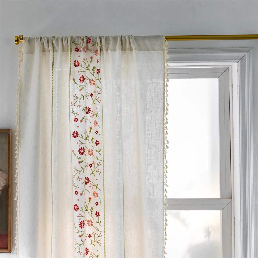 Curtains for Living Room Bedroom Home Decoration Cotton Linen Fabric Tassel Embroidered Semi-shading Bay Window Curtain