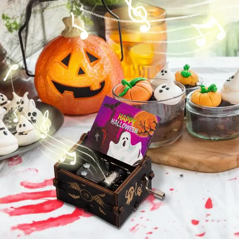 صندوق موسيقى للهالويين مع كرنك يدوي ، صندوق موسيقي خشبي عتيق ، ريشة