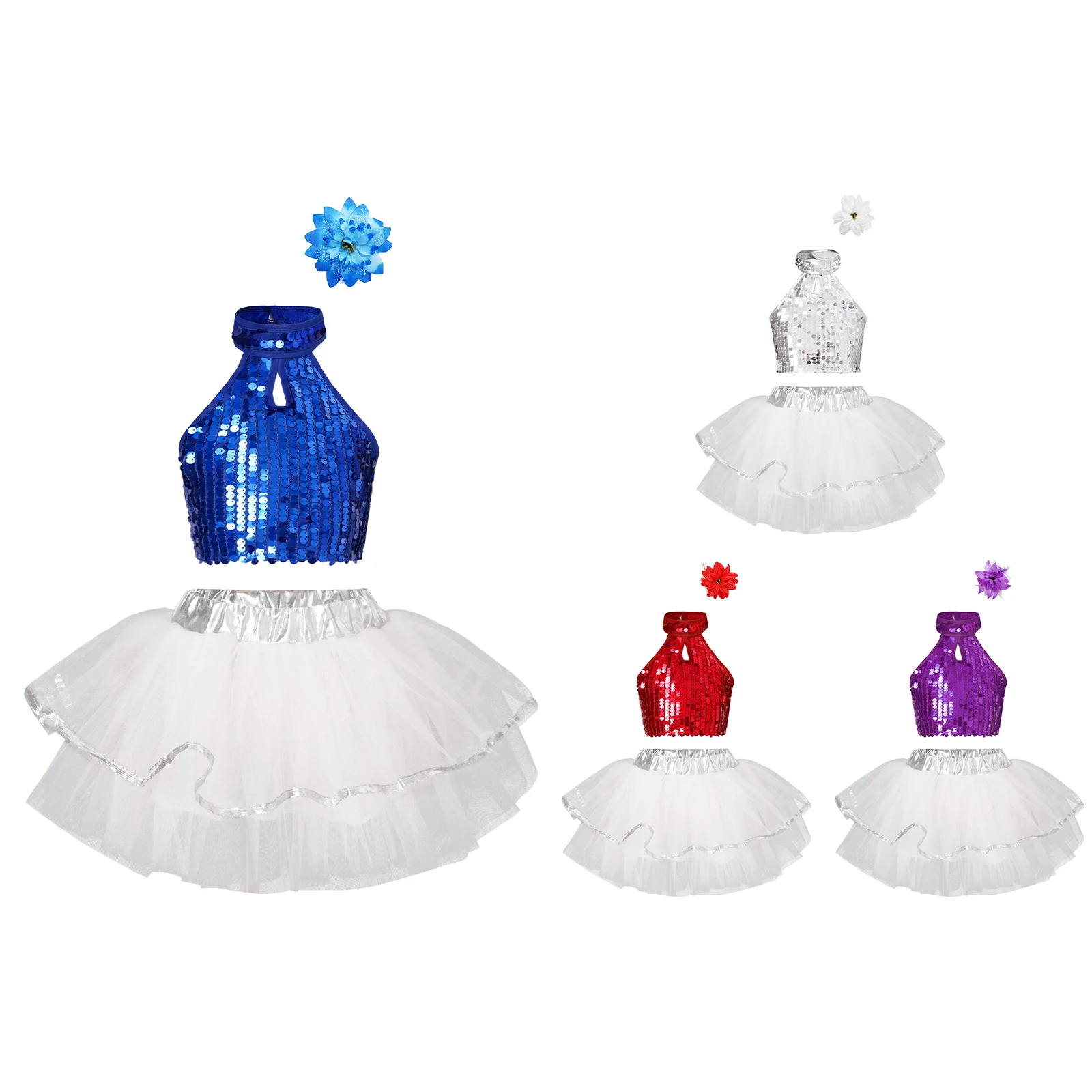 Kids Girls 3-Piece Jazz Hiphop Dance Outfit Contemporary Sequin Crop Tops 3D Flower Hair Clip And Tulle Tutu Skirt Ballet Set