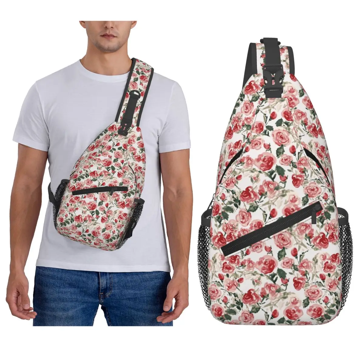 Red Roses Floral Pattern Chest Bag Men Sling Crossbody Backpack Chest Bag Travel Hiking Daypack Shoulder Bag