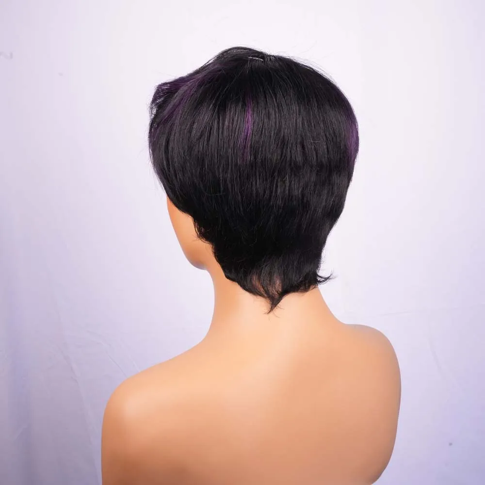 짧은 보브 가발 인모 앞머리 있는 픽시컷 블랙 믹스 퍼플 스트레이트 기계식 가발 흑인 여성용