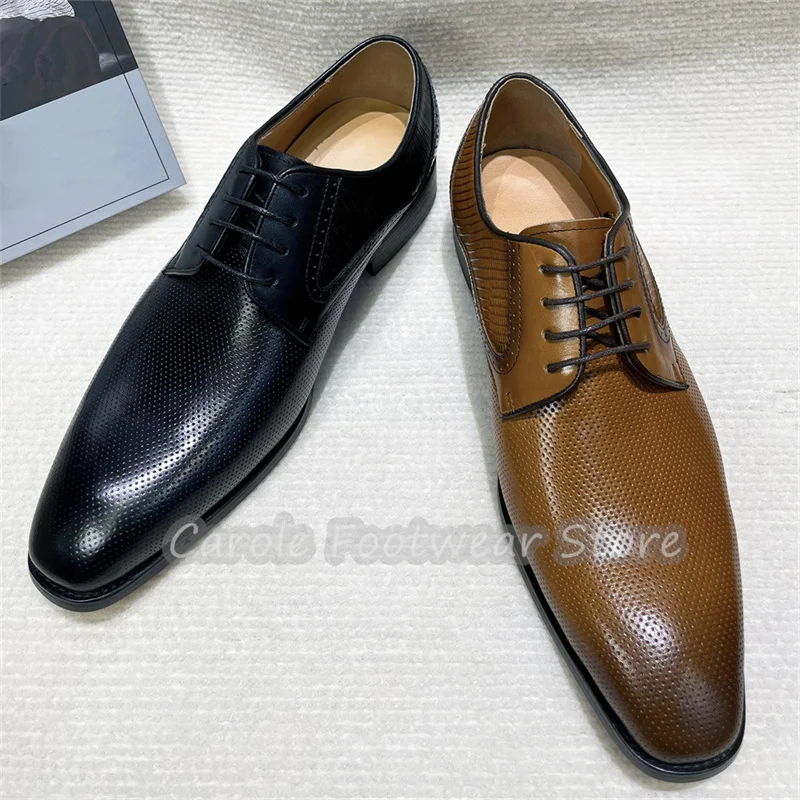 Male Breathable Genuine Leather Lace-Up Loafers for Men Square Toe Chunky Heel Shallow Derby Shoes Male Business Dress Shoes