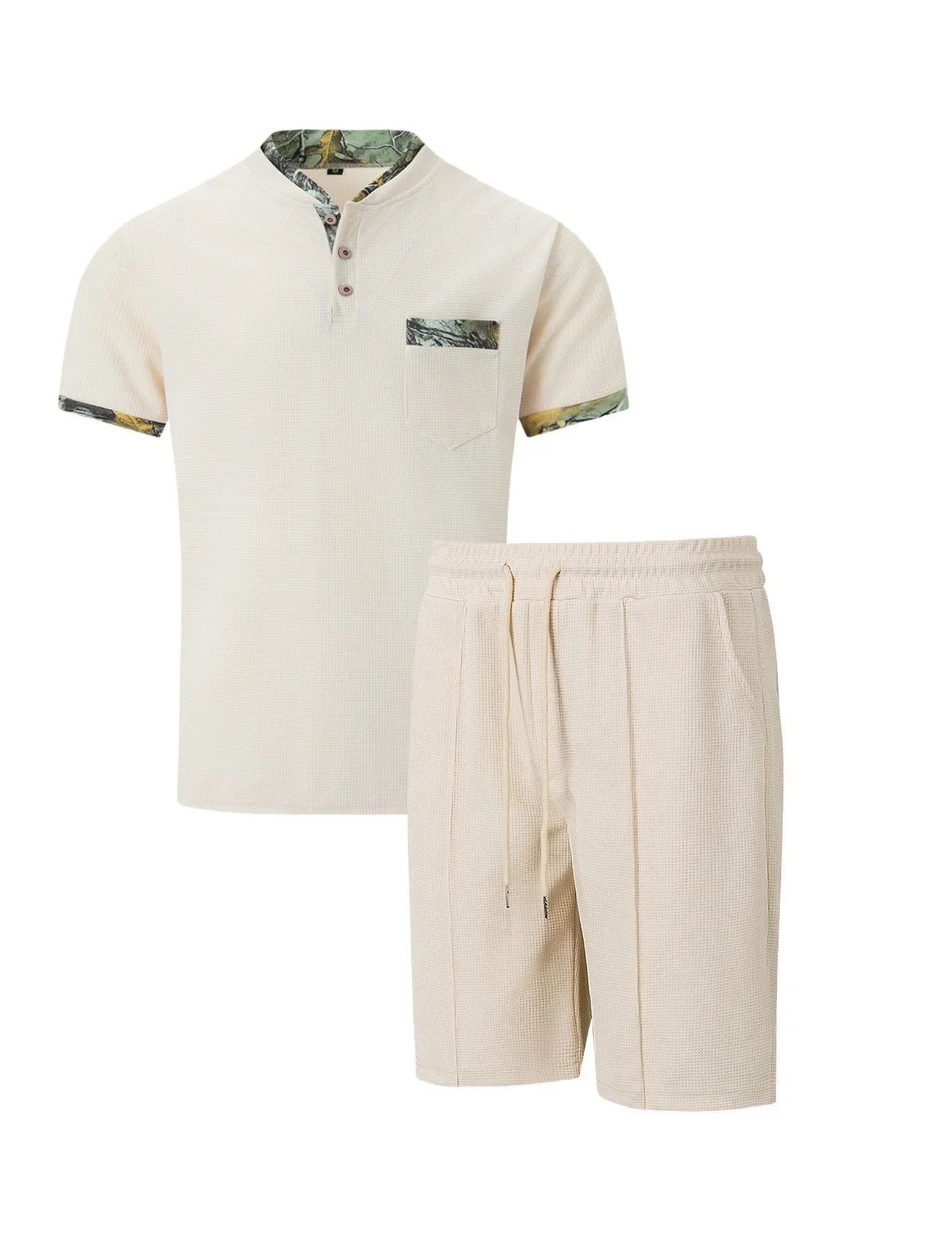 2025 summer new casual and comfortable embossed pocket with short sleeves T-shirt high color plain two shorts costume for men