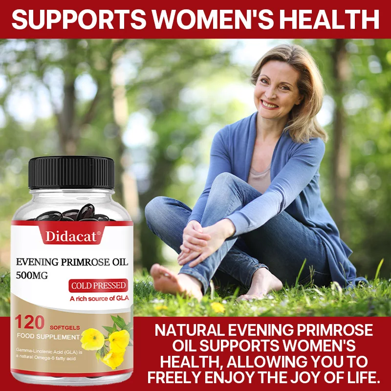 كبسولات زيت زهرة الربيع المسائية، زيت مضغوط على البارد، تعزز صحة البشرة، دعم غذائي للنساء، غير وراثيًا، 120 كبسولة