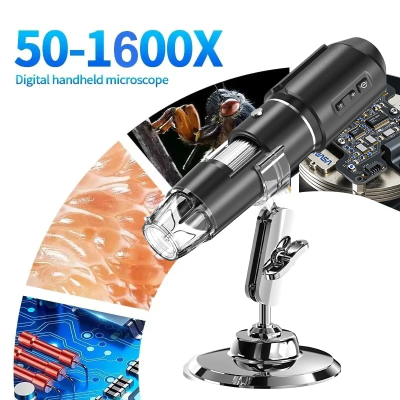 WiFi USB กล้องจุลทรรศน์ดิจิตอลแบบใช้มือถือ 50-1600x ไร้สายการขยายกล้อง Endoscope พร้อมขาตั้งโลหะสําหรับ iPad Android PC