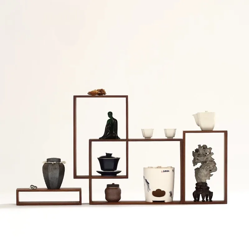 Bamboo Versatile Curio Shelf, Multi-Compartment Tea Ware Display & Storage Rack, Creative Modular Organizer for Tea Room