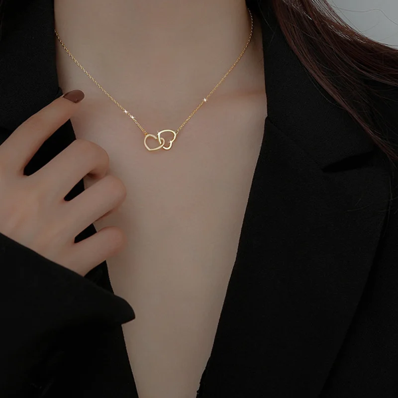 Koreaanse Mode Dubbel Hartvormige Ketting Voor Vrouwen Loop Voor Lus Love Choker Nieuwe Romantische Valentijnsdag Cadeau Trending Sieraden