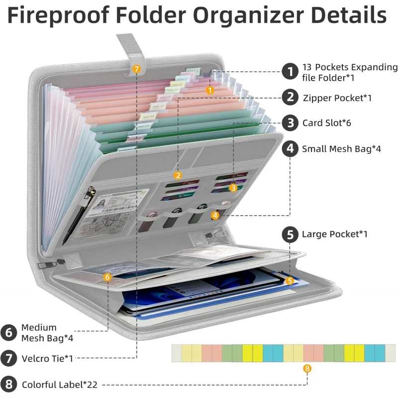 Fireproof Accordion File Organizer, Portable Expanding Folder with Waterproof Zipper&Labels, Gray Document 1