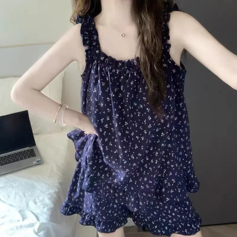 pastoral-style-small-floral-print-camisole-shorts-pajamas-with-chest-pads-for-women-cute-loose-sweet-girl-summer-loungewear