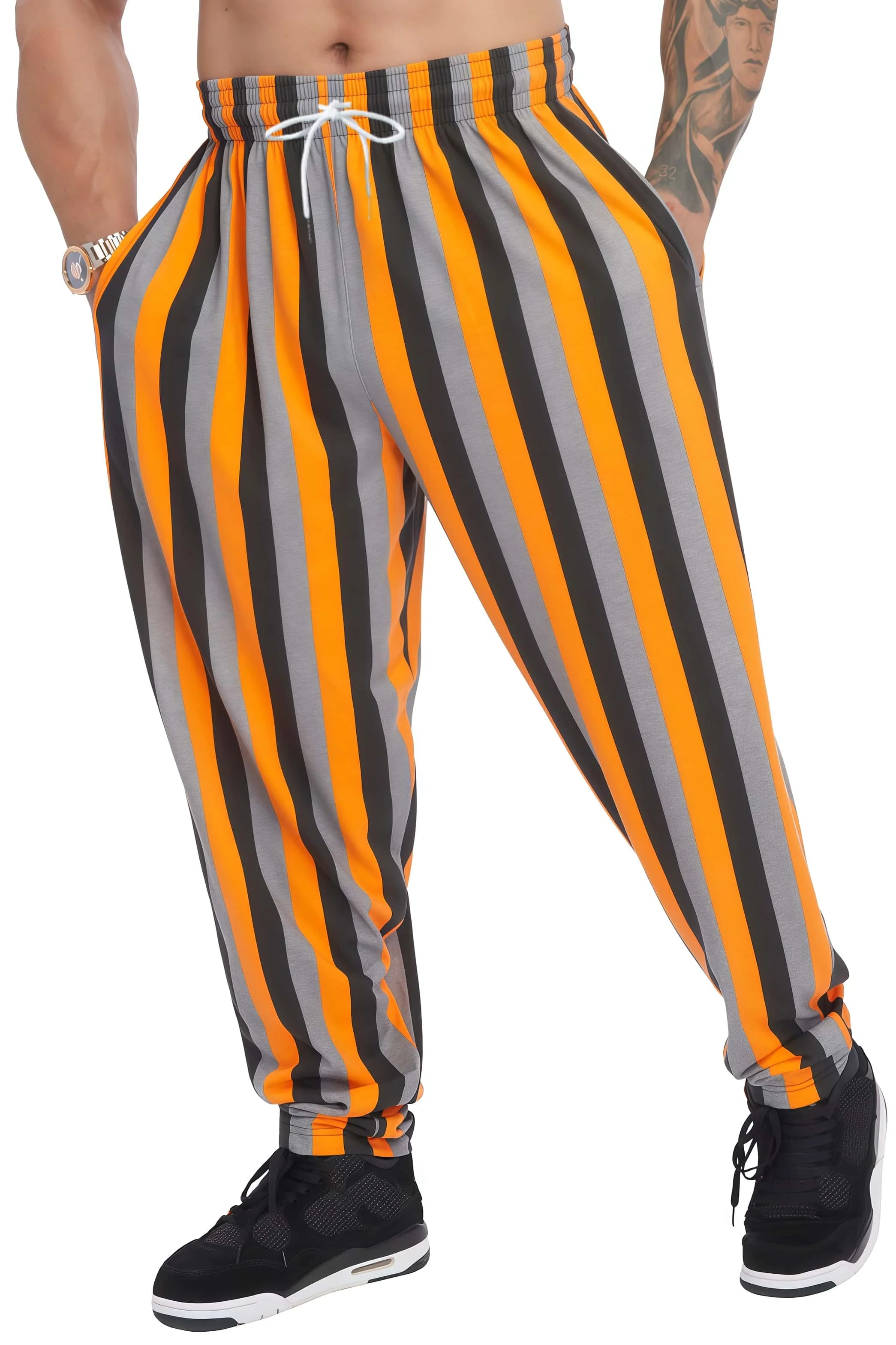 Orange-grau-schwarz gestreifte Herren-Sporthose mit elastischem Bund, Fitness-Training, lässige, vielseitige Jogginghose – Detail 2