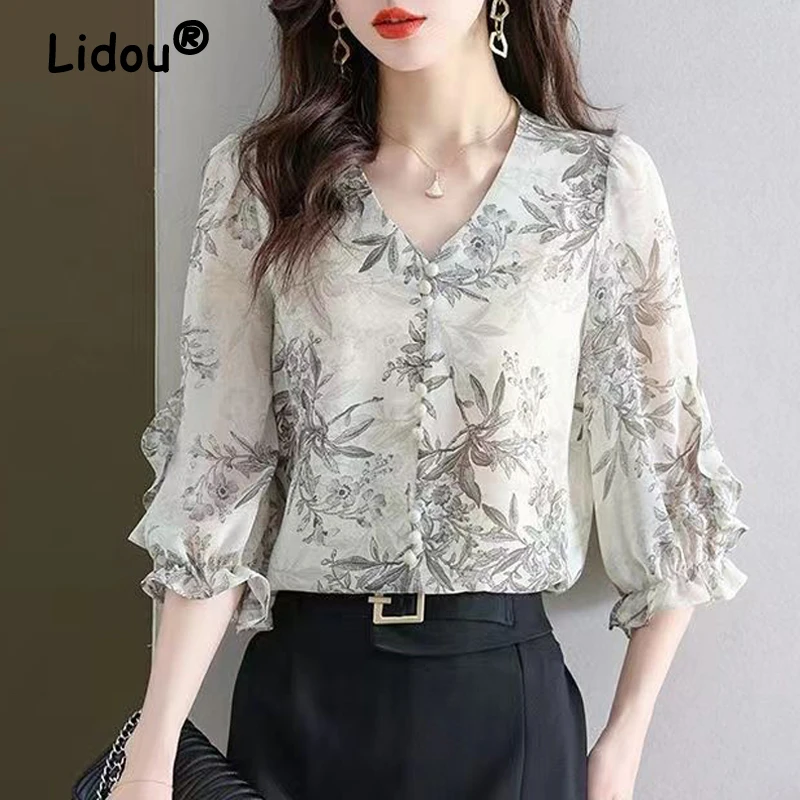 Women\'s Summer Trendy Ruffle Print Elegant Blouse Korean Style V Neck Three Quarter Sleeve Shirt Sweet Chic Chiffon Tops Blusas