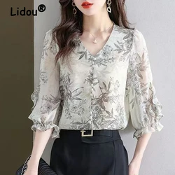 Women's Summer Trendy Ruffle Print Elegant Blouse Korean Style V Neck Three Quarter Sleeve Shirt Sweet Chic Chiffon Tops Blusas