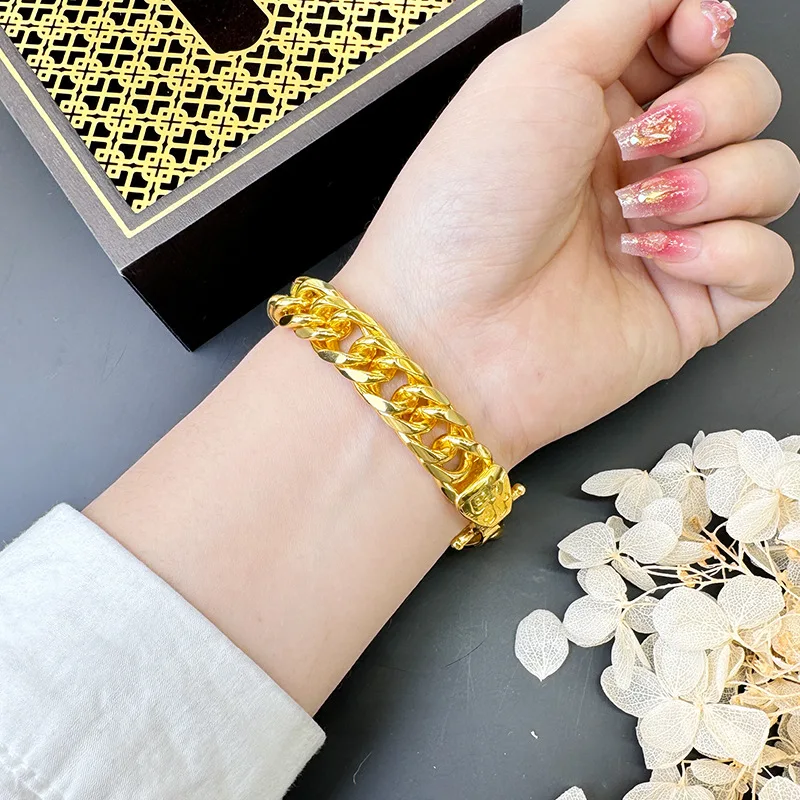 

Pure Kt18 Gold Color Double Curb Link Chain Bracelet for Women Men Chain Bracelet Punk Hip Hop Fine Jewelry Gifts
