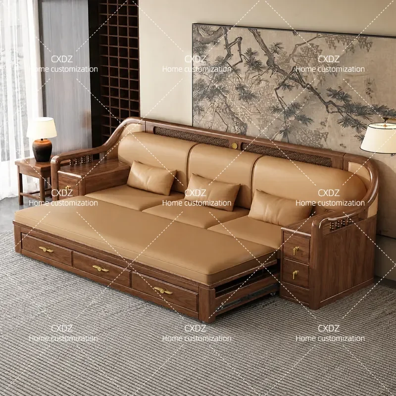 New Chinese Style Black Walnut Solid Wood Pull Out Sofa Bed Folding Multi Functional Telescopic Bed for Living Room Apartment