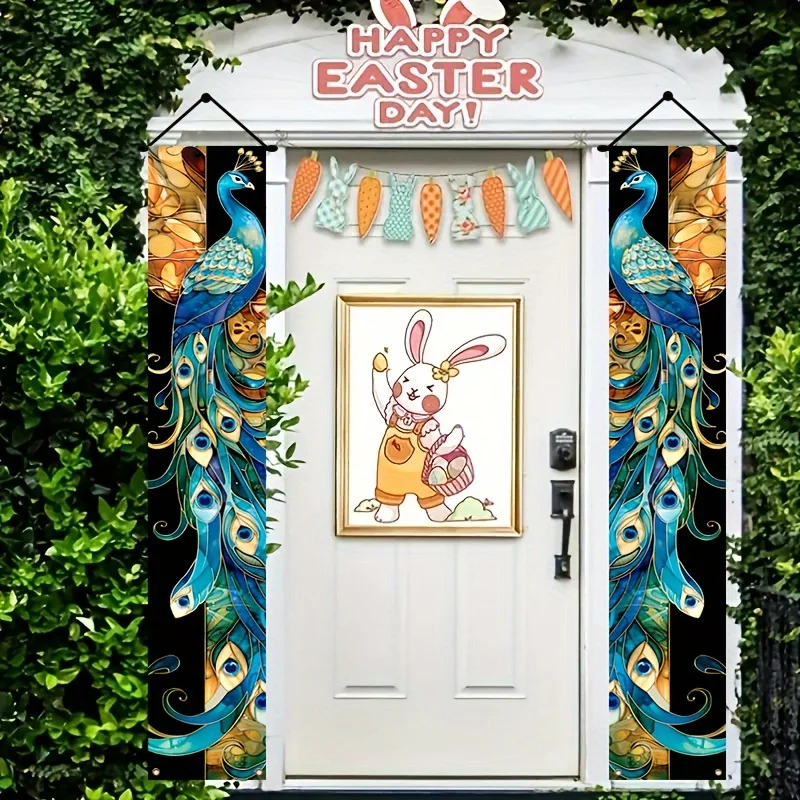 2D Door Flag Set features blue peacock themed door covers and porch banners, including couplet decorations and party supplies
