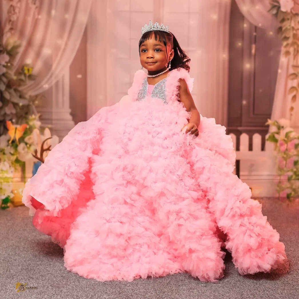 Abito da ballo rosa di lusso per ragazze, abito da compleanno, principessa, con perline, scollo a V, abito da ragazza di fiori per la festa di nozze, Natale, nuovo servizio fotografico