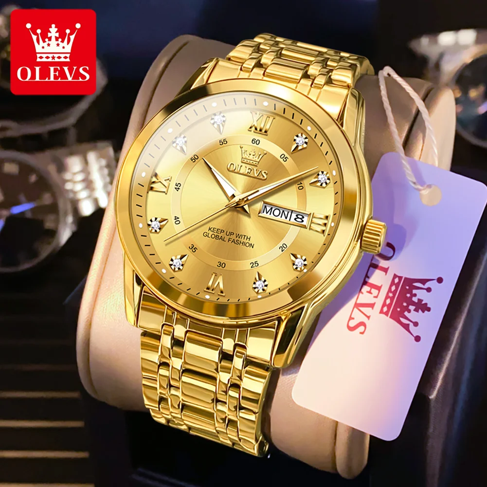 

OLEVS Top Luxury Man Watch Dual Calendar Waterproof Luminous Stainless Steel Strap Quartz Wristwatch Original Men's Watches