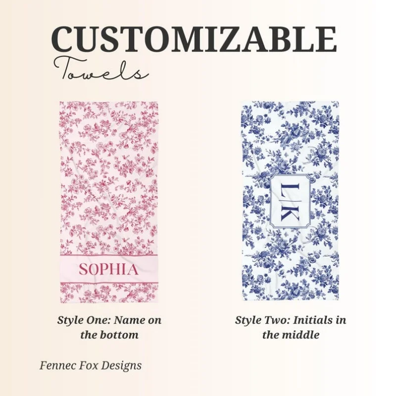 Custom Beach Towel Personalized Beach Towel Blue Toile Bachelorette Beach Towel Art Towel Bulk Discount