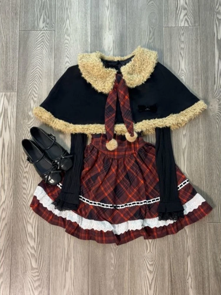 

Winter Christmas New Years Elegant 2 Piece Set Women Faux Fur Cape Coats + Plaid Design Dress Female Chic Korean Popular Clothes