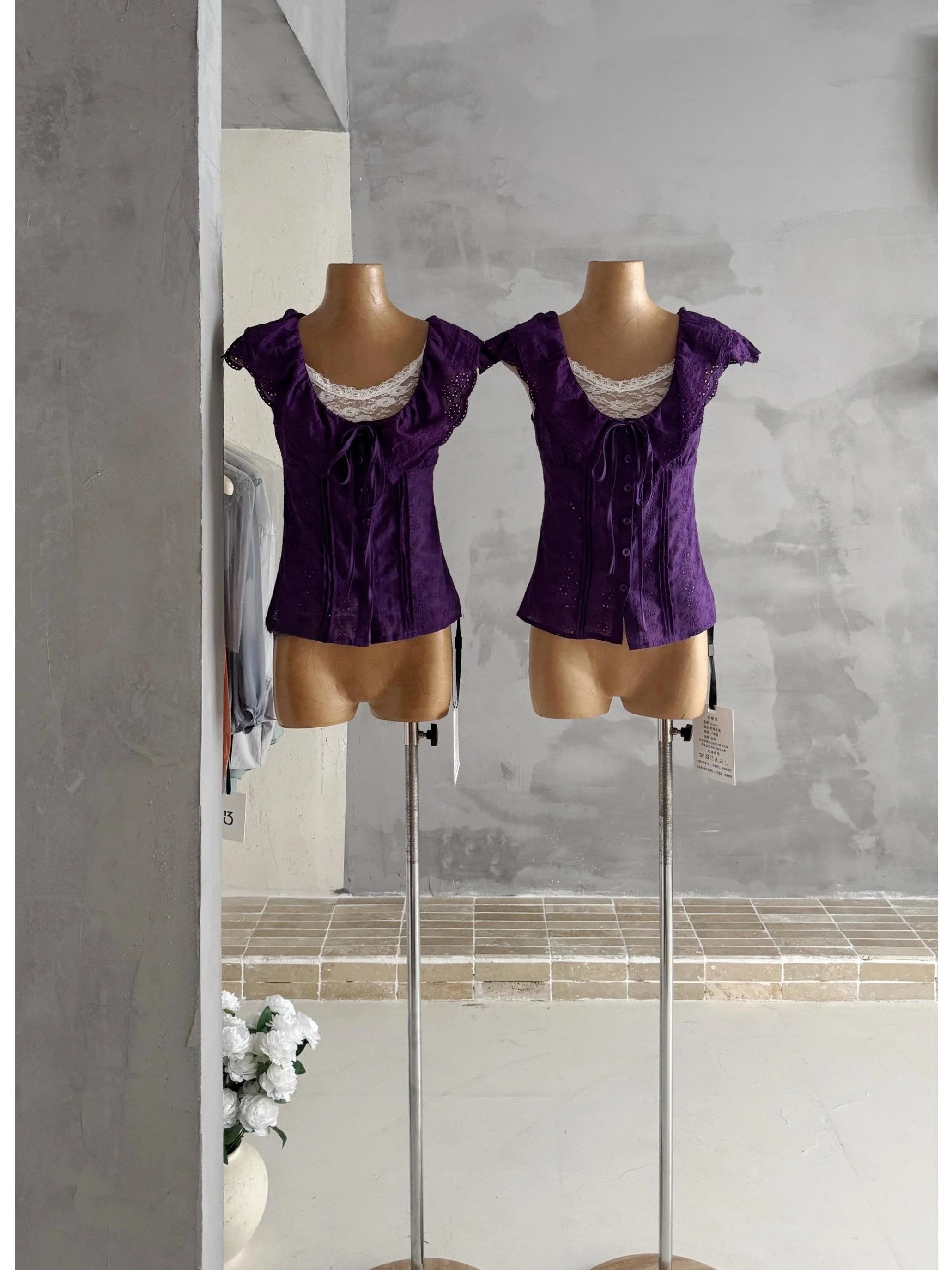 

Retro Lace Trim Shirt Design Sensation Two-Piece Set Polyester Fiber Short Sleeve Fly Sleeve Style Versatile Fit Summer Opera...