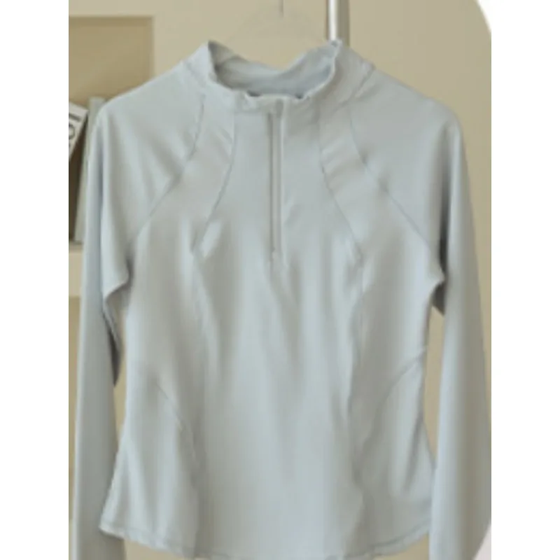 Slim Fit Sporty Long Sleeve Zipper Jacket Half Open Stand Collar Yoga Fitness Outerwear Base Layer Top Young Adults Women