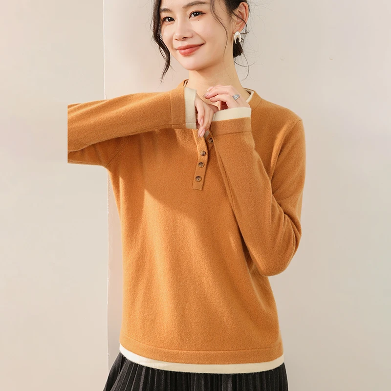 

Daily Autumn Winter Sweater Women Clothes Versatile Pullover 100% Merino Wool Knitted False Two-piece Basic Inside Join Sweater