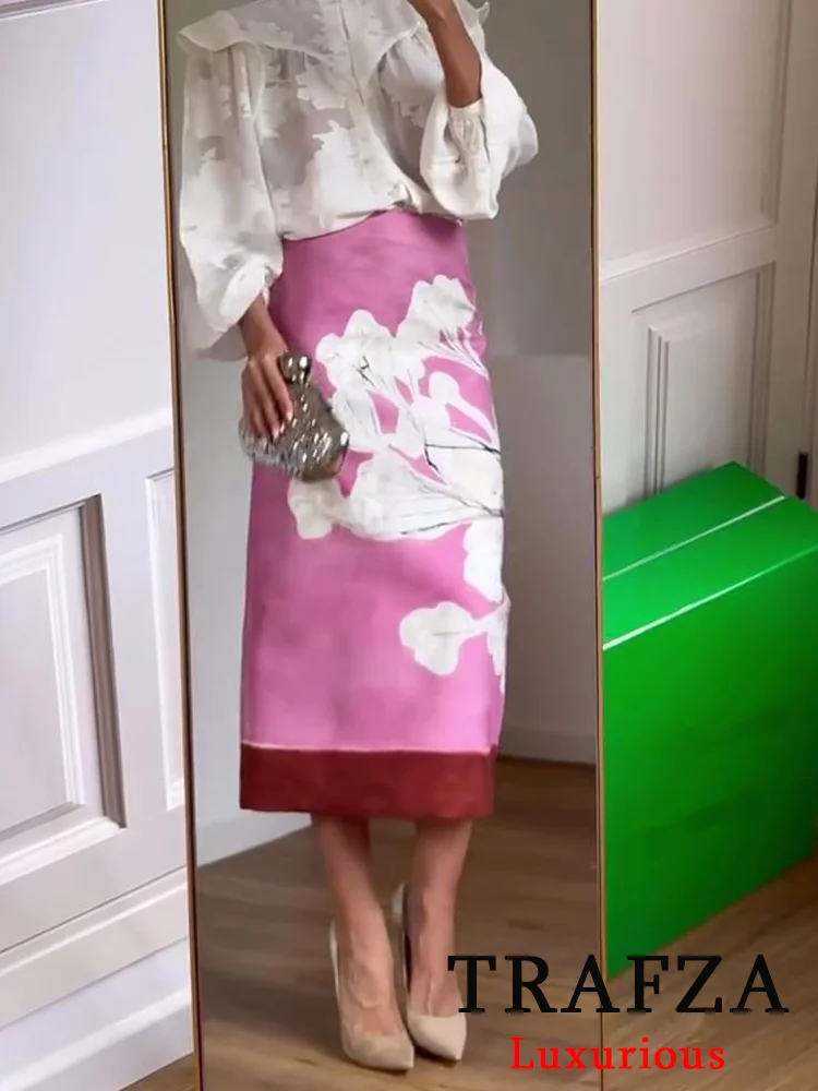 

TRAFZA Vintage Casual Women Skirt Flower Print Zipper Long Straight Skirt New Fashion 2024 Spring Summer Holiday Long Skirt