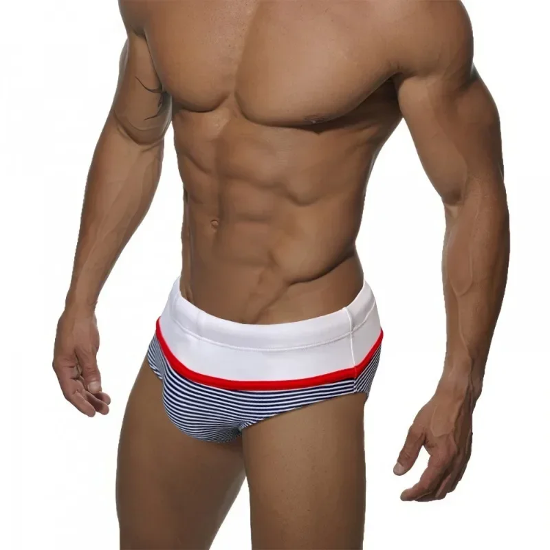 Men Swimsuit Contrast Stitching Stripes Swimming Briefs Mens Breathable Bathing Sunbath Swimwear Man Push-Up Pad Suit Beach