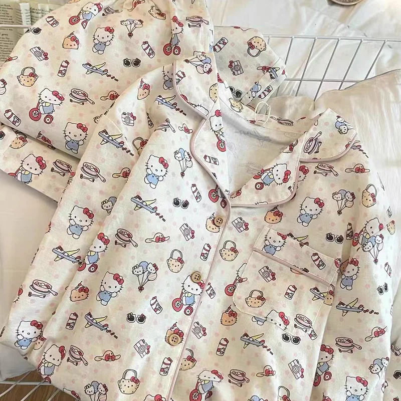 

Kawaii аниме «Hello Kitty», женские пижамы с мультяшным изображением, милые стильные пижамные комплекты, брюки с длинными рукавами для подростков, студенческая домашняя одежда