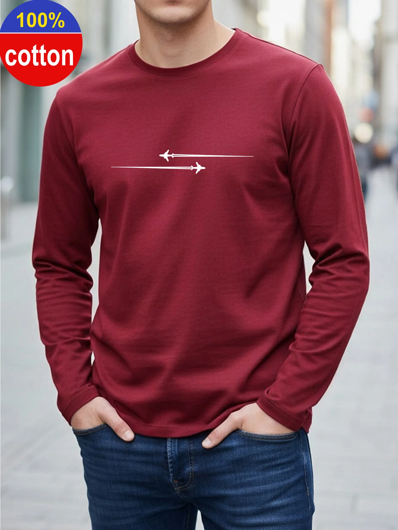 Mens 100 Pure Cotton Long Sleeve T Shirt Milan Italian Pattern Print Crew Neck Standard Size Machine Washable Comfortable Fashio
