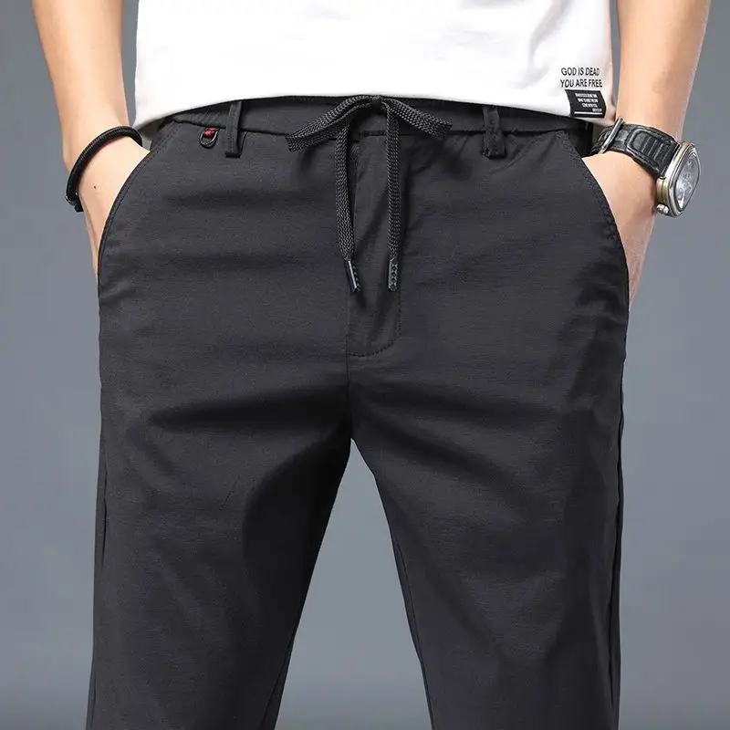 Summer New Casual Versatile Korean Edition Trendy Straight Pants Men Solid Elastic Waist Drawstring Pocket Thin Sports Trousers