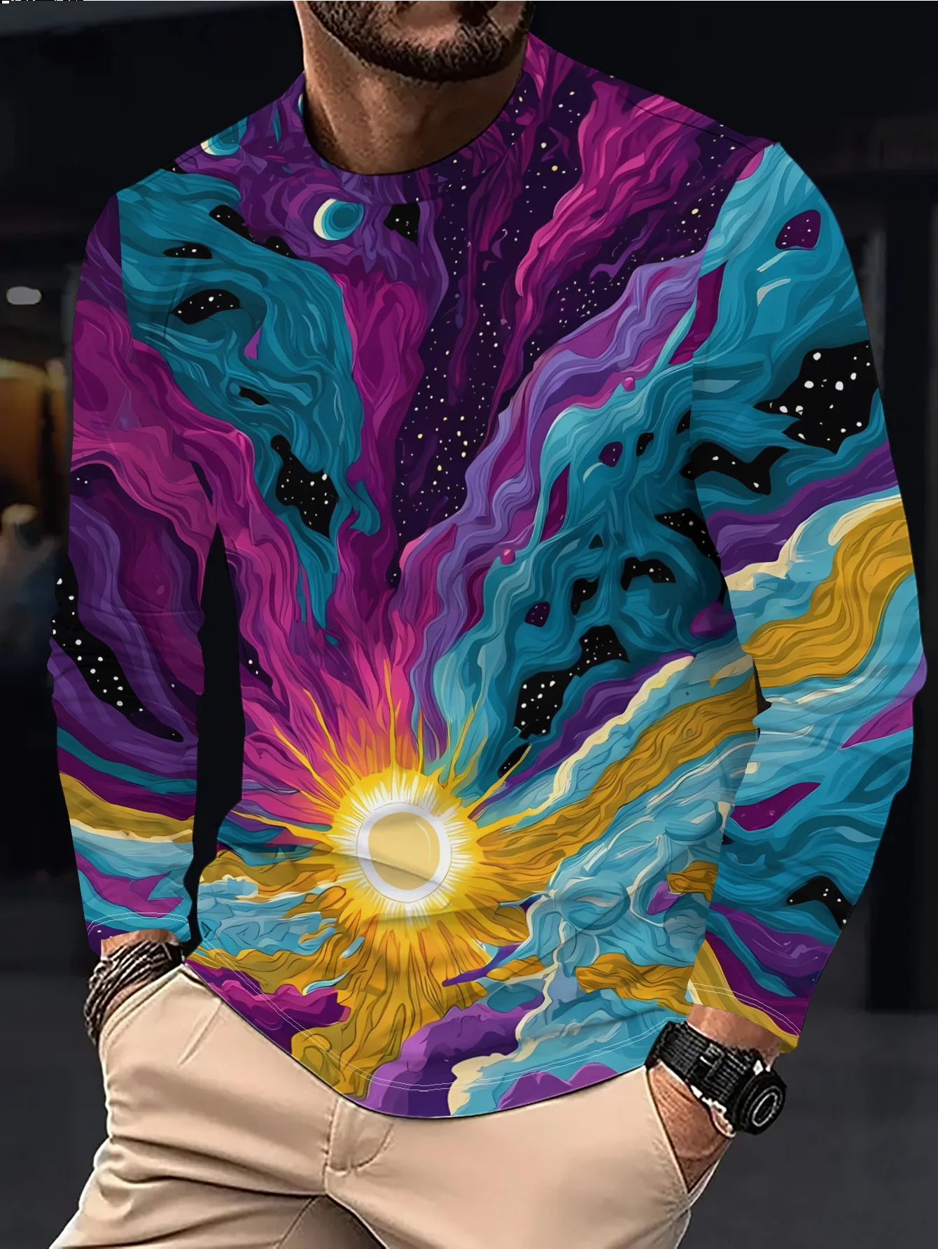 Men Long Sleeve T‑Shirt Cosmic Sun Galaxy Swirl Abstract Print Crew Neck Psychedelic Street Casual Tops