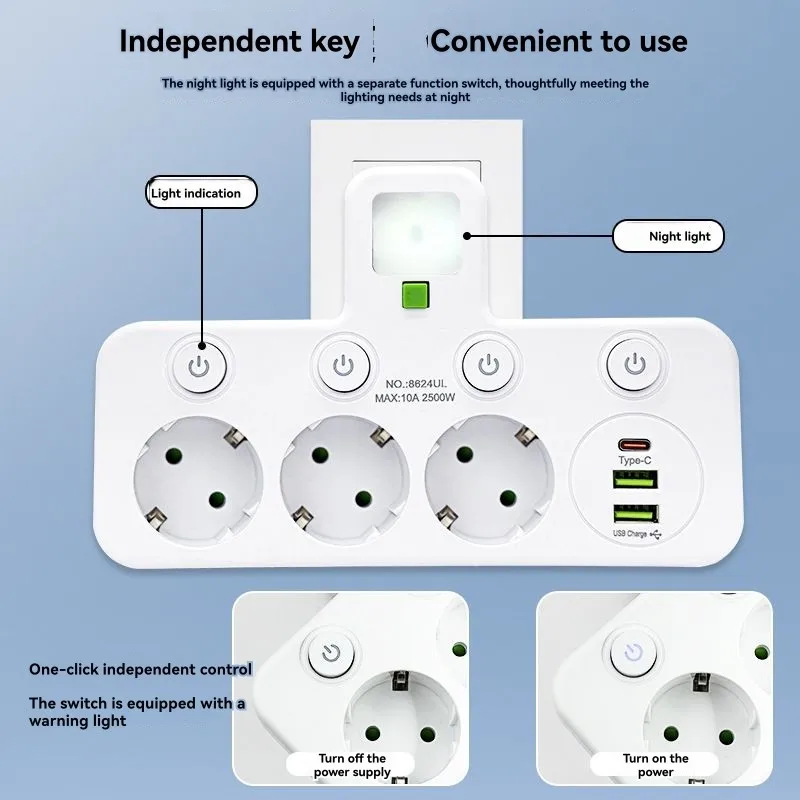 【RECOMENDAR】Power Strip EU Plug With 3 AC Outlets+ 2 USB Ports+ 1 Type C, Wall Adapter Socket For Office Lighting