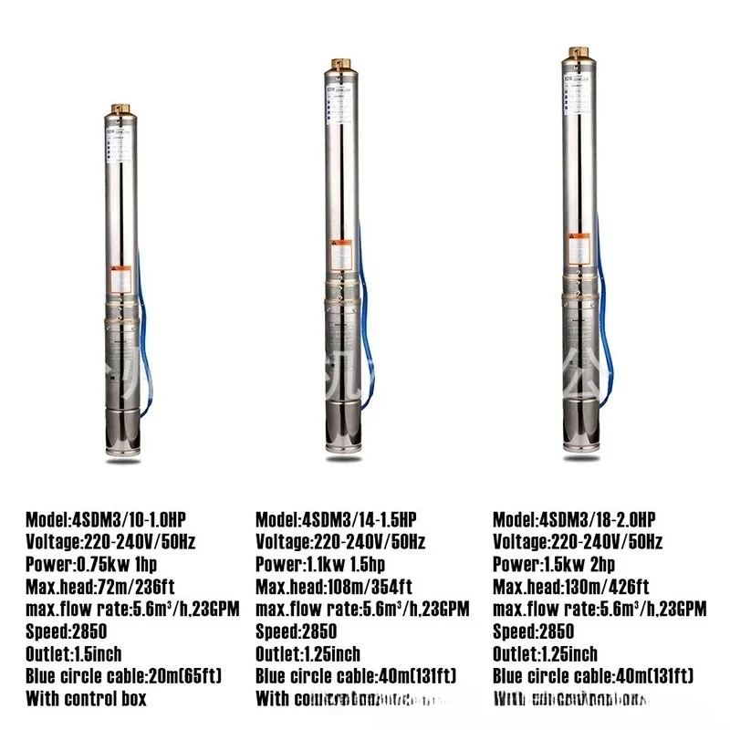 For4 Inch 0.75KW Deep Well Pump 1HP 6500L/H Submersible Pump + 20M Cable + Contrl Box for Garden Home Agricultural Irrigation