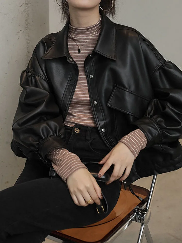 Summer Black Leather Jacket Women Streetwear  Korean Fashion Loose Thin Moto Jacket Female 2022 Autumn Chic Outerwear Biker Coat