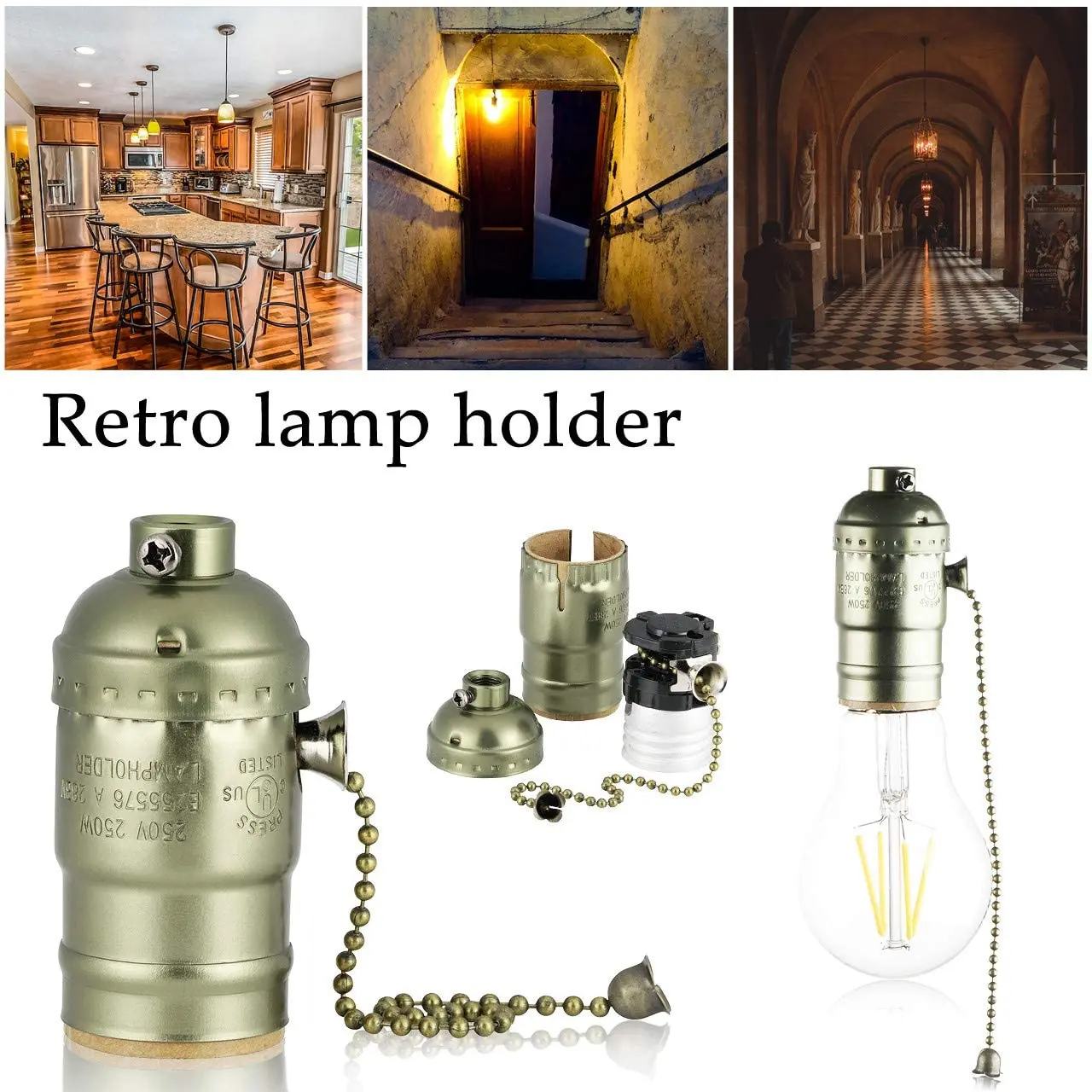 Vintage E27 Aluminum Retro Antique Lamp Base Holder Screw Aluminum Shell Bulb Light Screw Socket 4 Colors with Switch 110V/220V