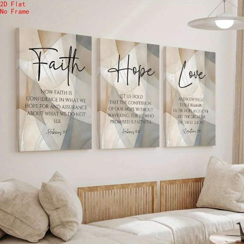 （NO Frame 3PCS）-2D Flat, 2D Flat, Faith Hope Love Bible Verse Wall Art Set of 3, Christian Canvas Prints for Living Room Bedr