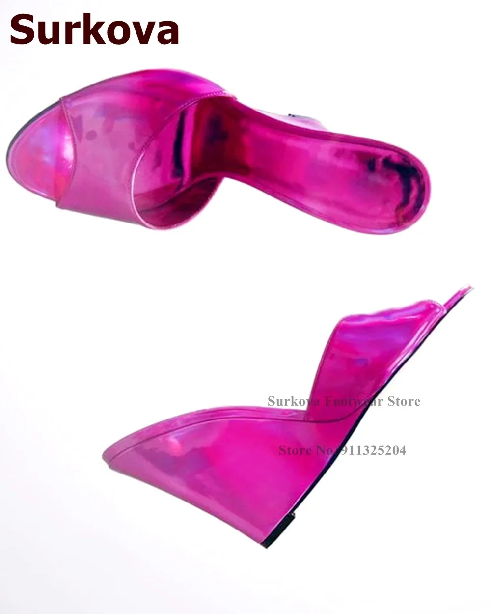 

Surkova Hologram Iridescent Fuchsia Pink Wedged Heel Slippers Patent Leather Slip-on Summer Sandals Mirror Leather Party Shoes