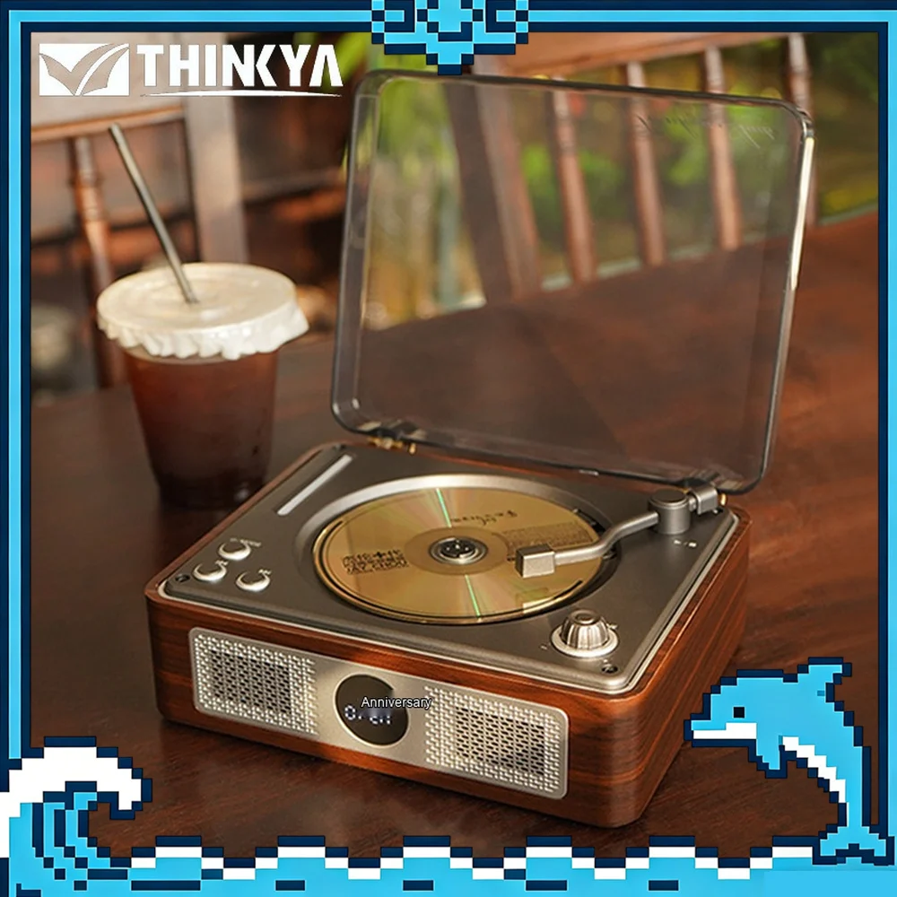 THINKYA A11 Retro CD Player Portable Bluetooth Speaker Vinyl-Style Disc Player with Stereo Sound for Home Desktop Music