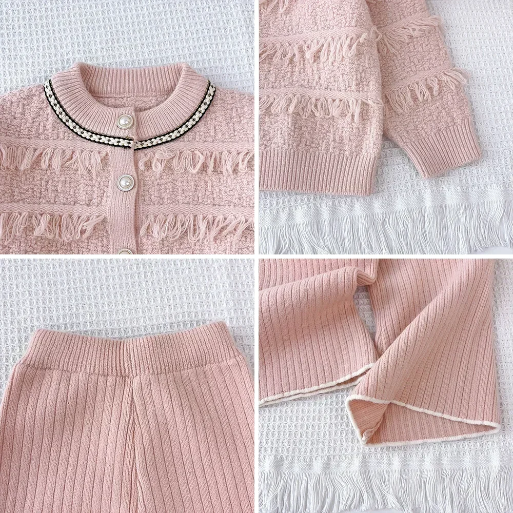 Autumn/Winter Knitted Sweater Sets Solid Color Tassel Cardigan+Pants Two-piece Set Korean Version Girl Clothes for 2-6 Years Old