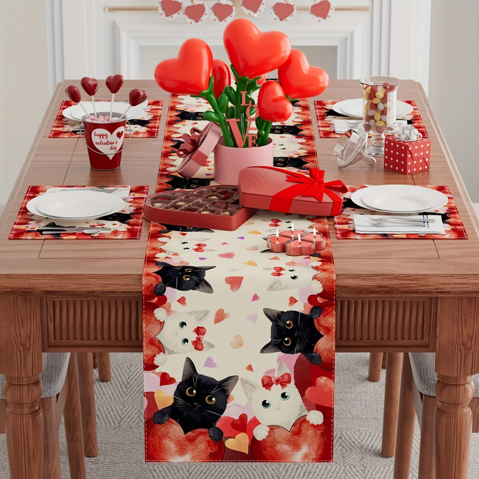 Valentine's Day Watercolor Love Hearts Cats Table Runner - Multi-Size Linen Decor with Red Bow
