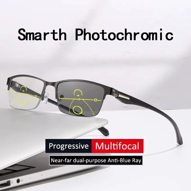 Herren Damen Progressive Lesebrille Photochromatische Anti-Blaulicht Presbyopie-Brille Halbrahmen Metallgestell 1,00 bis 4,00 Dioptrien – Detail 8