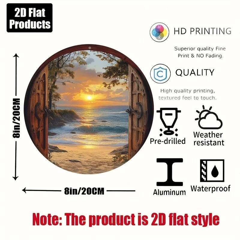 2D Flat - 1pc 2D Flat Design Sunset Beach Round Metal Wall Sign | 8.0X8.0 inch Coastal Theme Decor With Sand And Wave Elements,