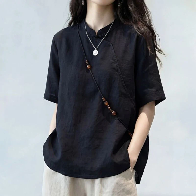New Chinese Style Women's Zen Short Sleeve Blouse Summer Loose Stand Collar Asymmetrical Placket Vintage Elegant Casual Tops