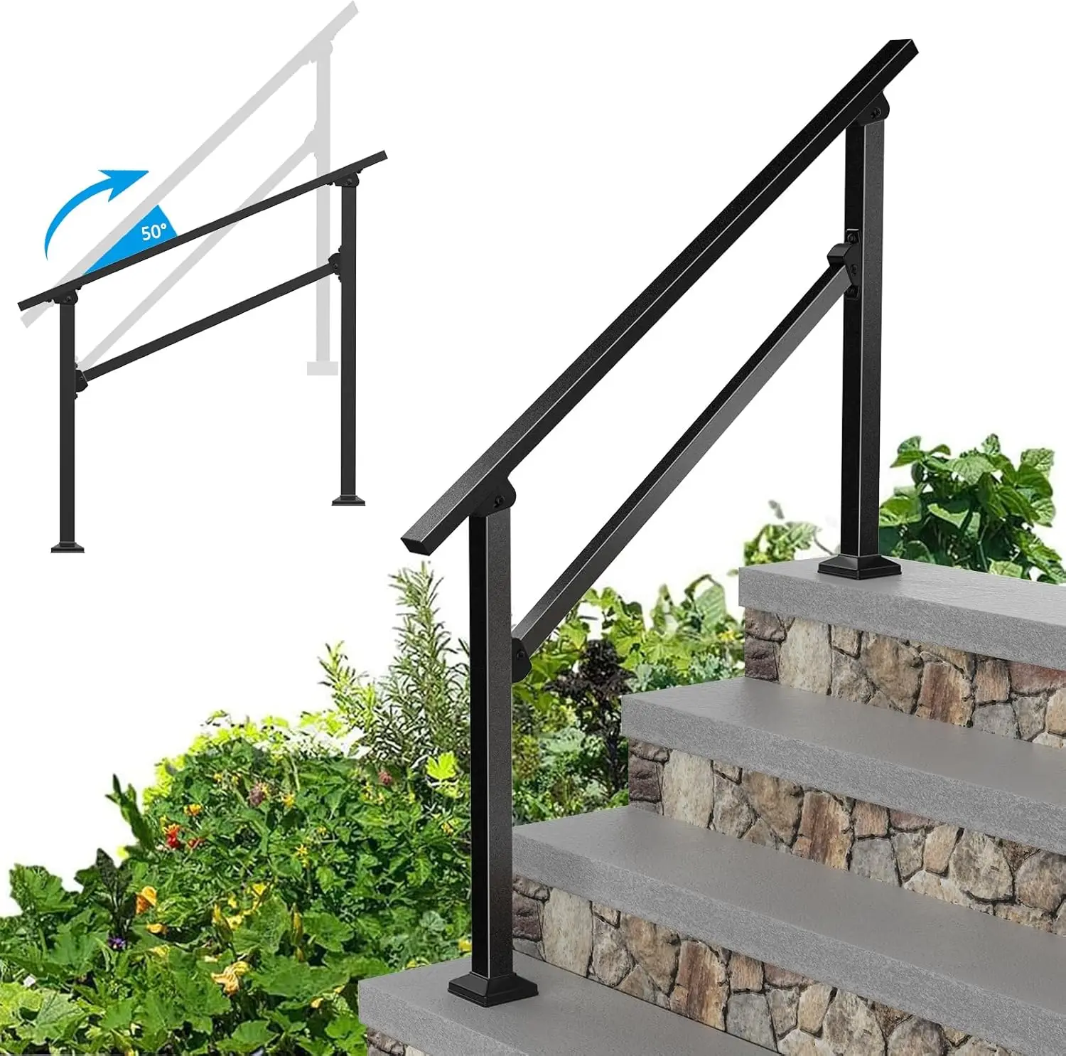 Wrought Iron Handrails for Outdoor Steps - Exterior Hand Rails for Concrete Steps Outside Metal Stair Railing Porch 4 Step